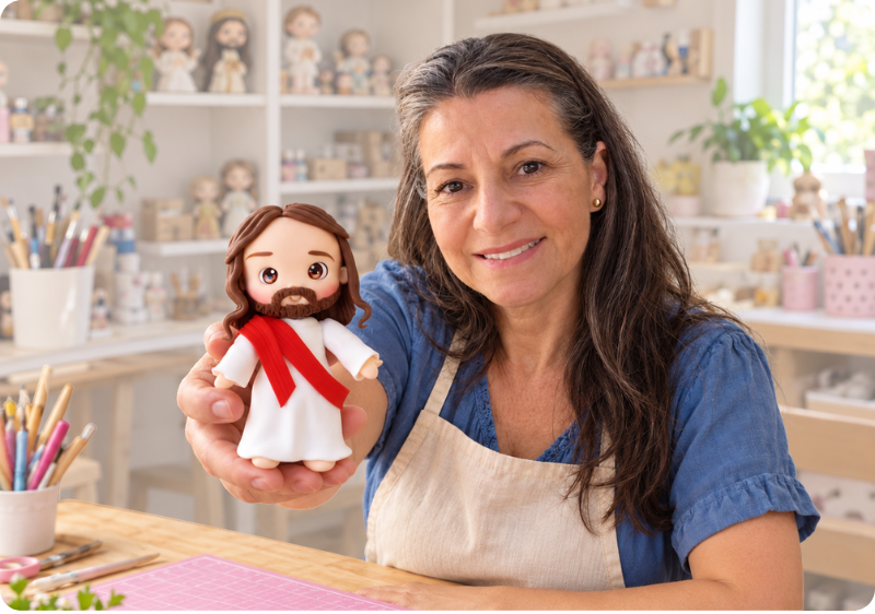 Mulher em um ateliê apresentando uma peça de Jesus em biscuit