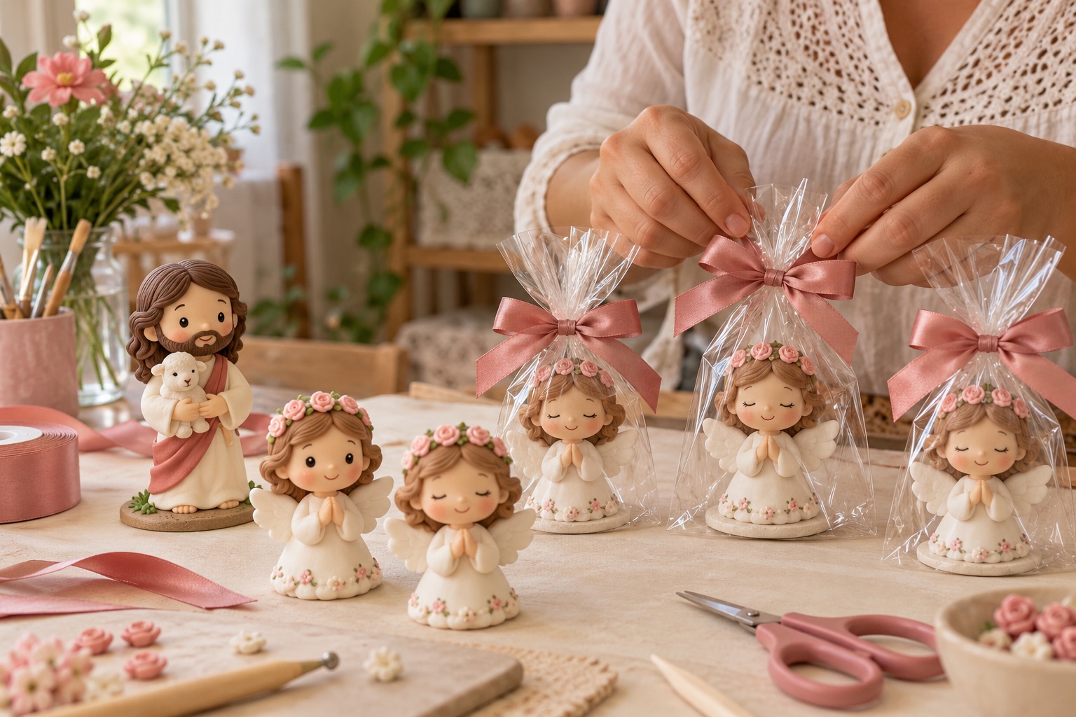 Cena ilustrativa de mãos preparando peças religiosas de biscuit para presentear ou oferecer por encomenda