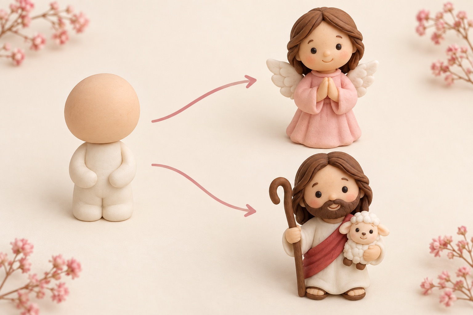 Diagrama ilustrativo: a mesma base de boneco pode ser adaptada para um anjinho ou para o Bom Pastor
